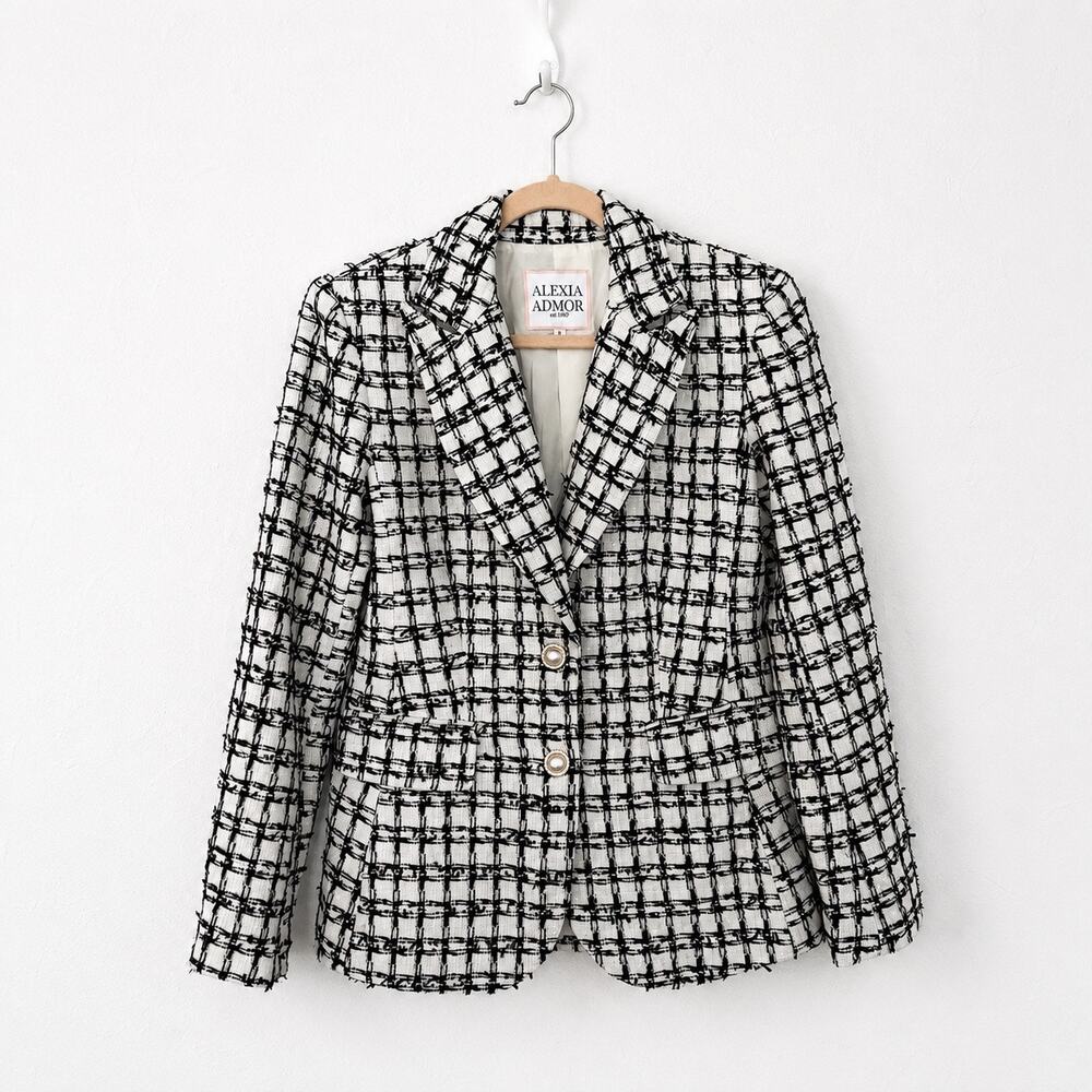 Alexia Admor Raya Black White Tweed Blazer Size 8 Pearl Button Office Siren Chic